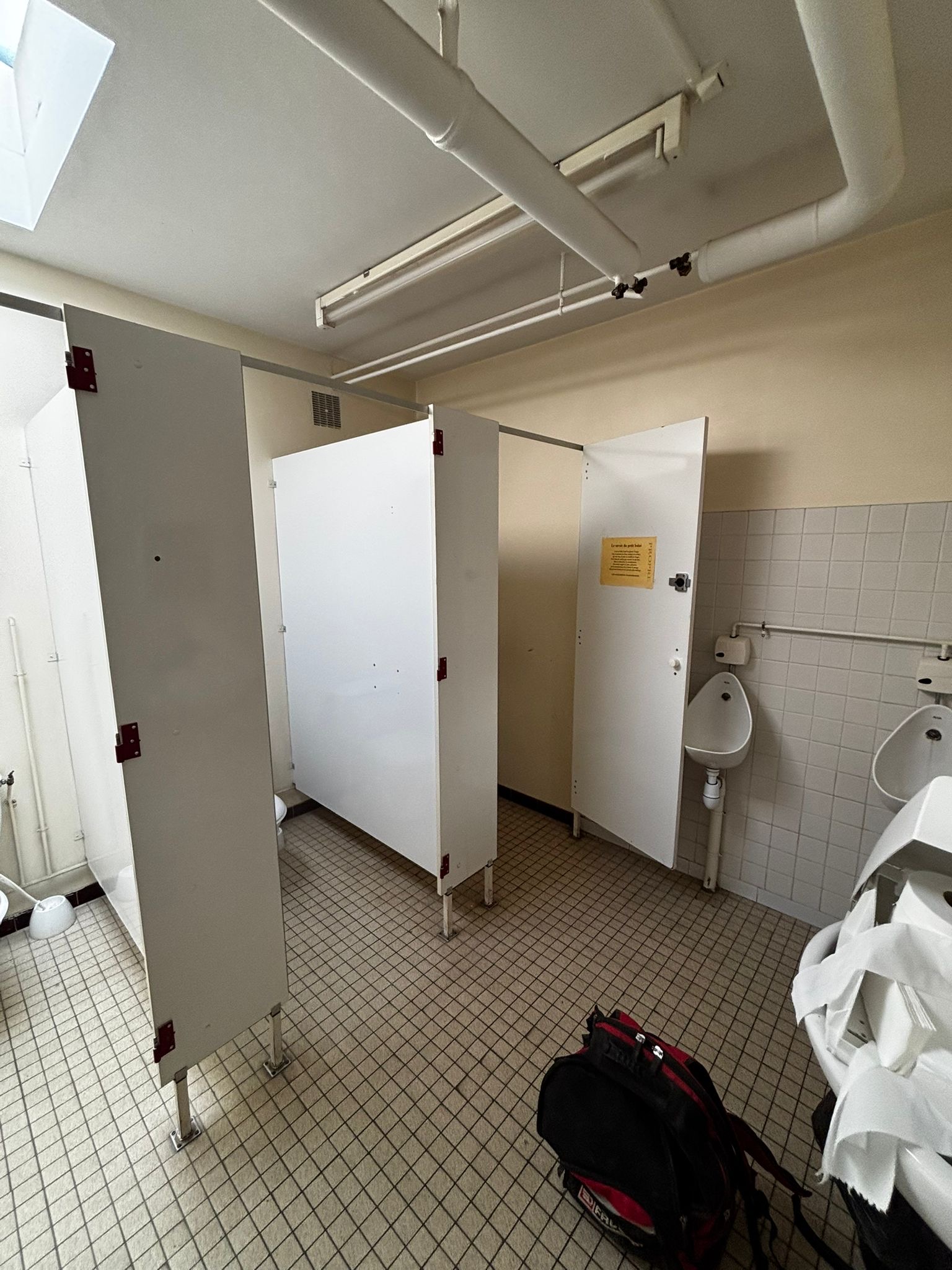 Vue des cabines, urinoirs et reseaux apparents avant travaux
